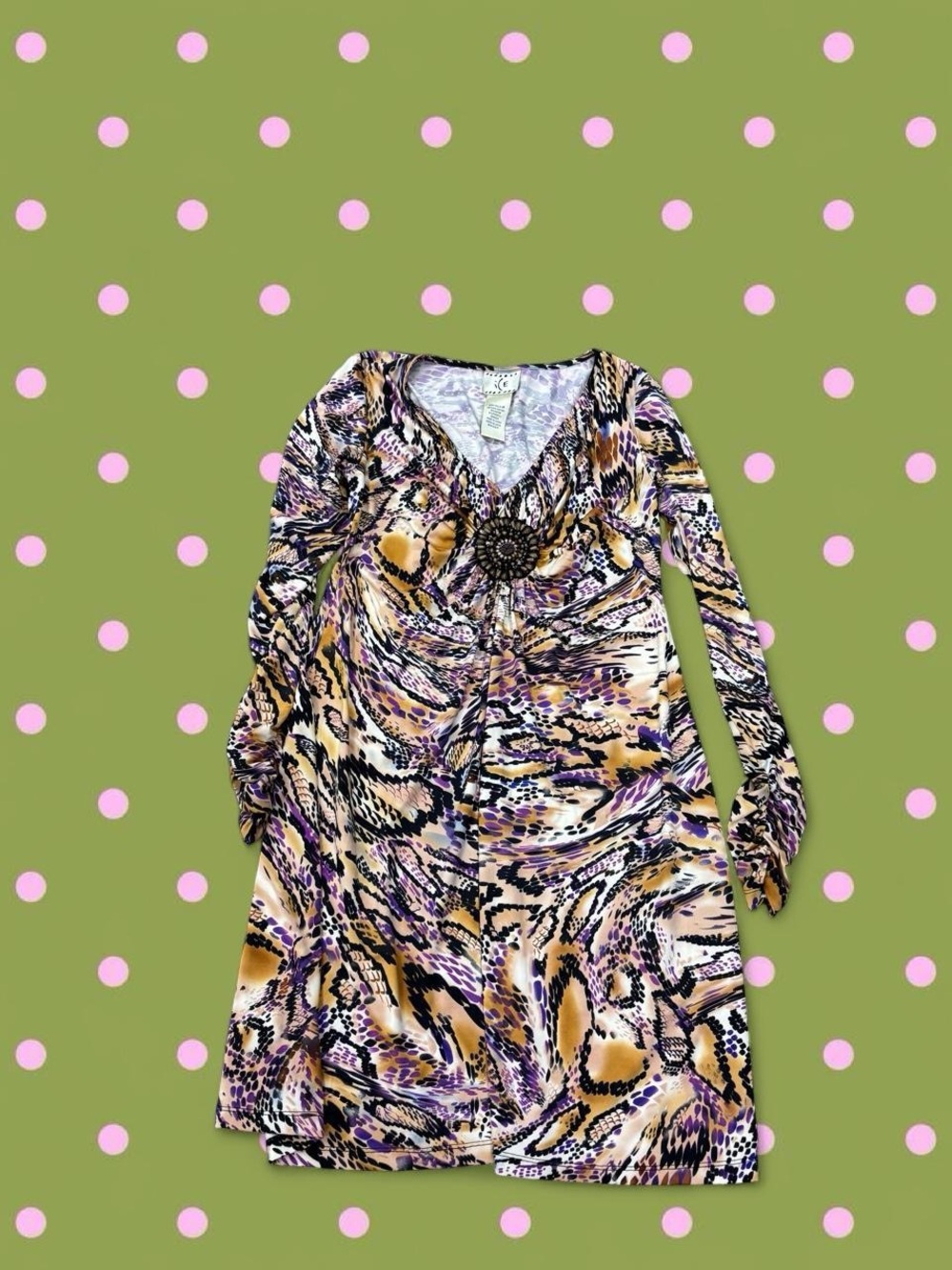 Ice Long Sleeve V-Neck Abstract Swirl Dress in Purple and Tan